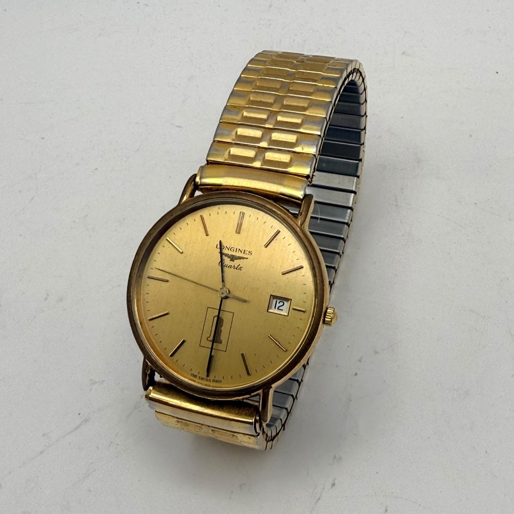Longines Quartz Mens Gold Tone Watch 156 Swiss 6801 Date Presentation Box